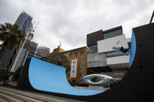 Skateboarding Demo on vert ramp at MCA Sydney.