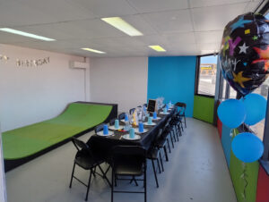 Skateboarding birthday party room set up.